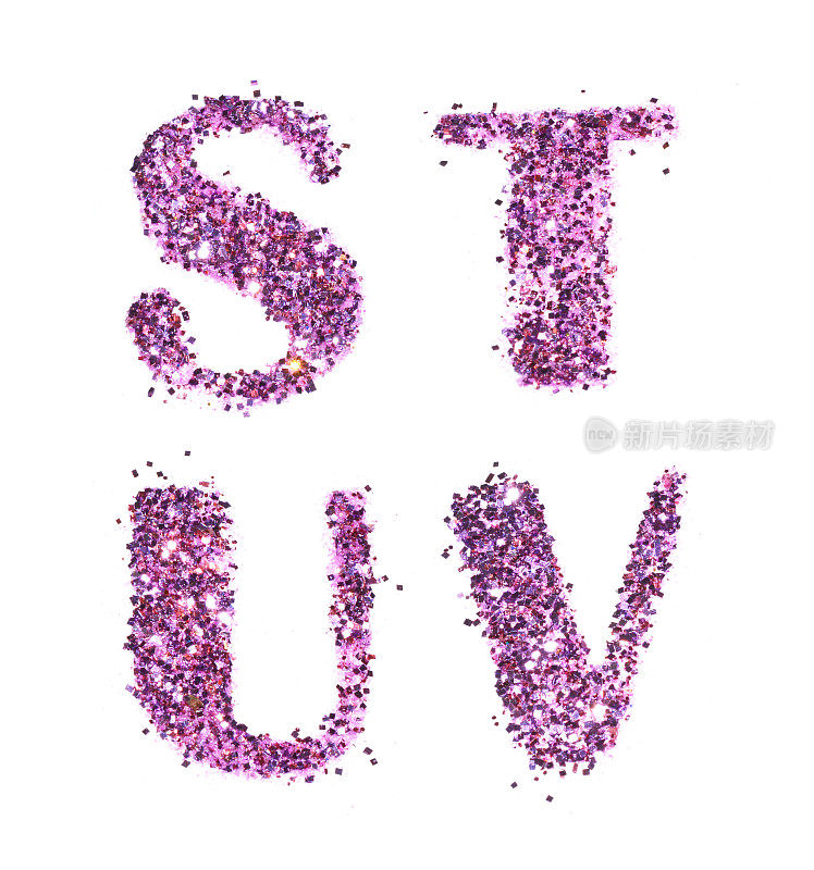 紫色的字母S, T, U, V在白色上闪闪发光